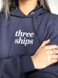 Navy Three Ships Embroidered Hoodie Three Ships Merch Natural Vegan Cruelty-free Skincare